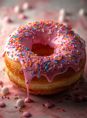 Frosted sprinkled donut on pink background.