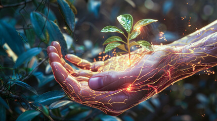 Eco-friendly Concept. Careful Hands Supporting Growing Plant Surrounded by Radiant Aura