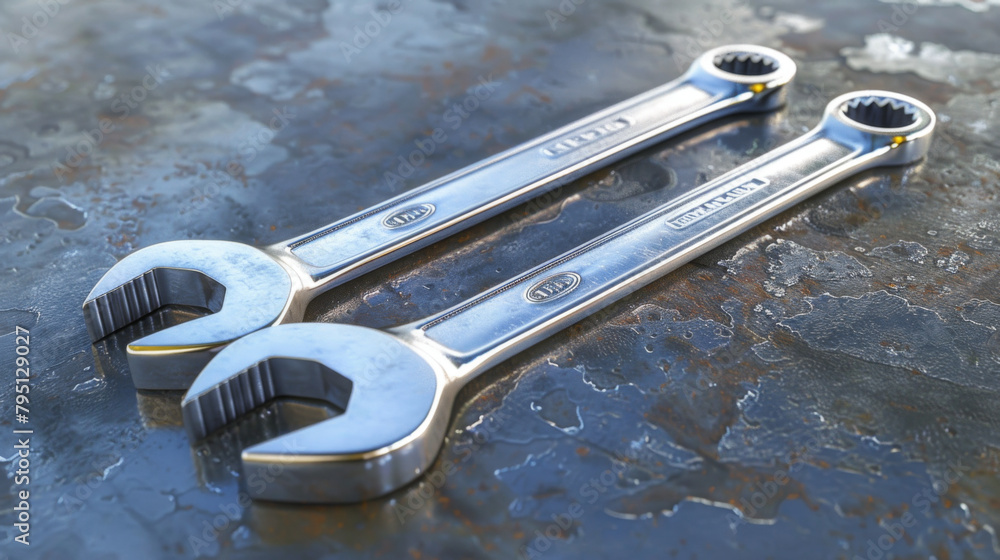 Poster close-up of two shiny wrenches lying on a wet metallic surface, reflecting craftsmanship and precisi