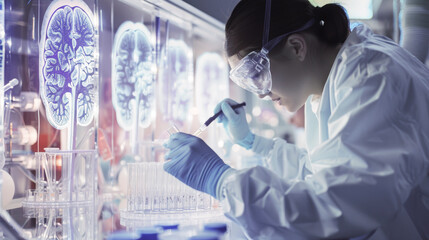 Researchers analysing anatomical kidney model in scientific laboratory setting