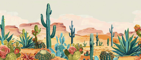 Vibrant cactus and succulent print contrast against a sandy desert backdrop under bright sun.
