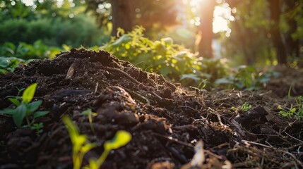 A compost pile breaking down organic matter into nutrient-rich soil for gardening