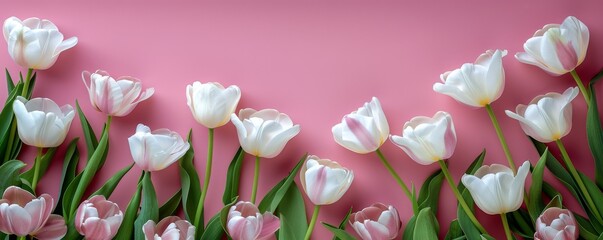 Group of White Tulips Against Pink Background