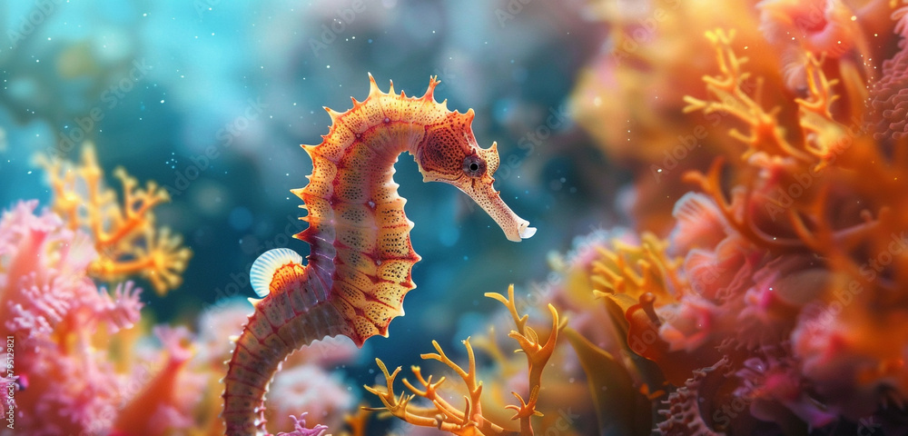 Wall mural A close-up of a graceful seahorse clinging to a piece of coral, its body camouflaged amongst the vibrant reef. - Wall murals