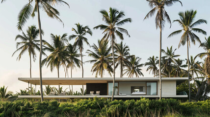 Fototapeta na wymiar A minimalist modern residence with a flat roof and sleek white facade, nestled among tall palm trees swaying gently in the tropical breeze.