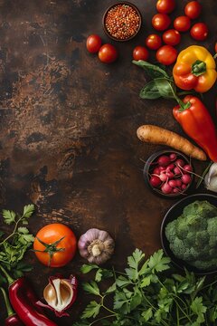 A beautiful still life of a variety of organic vegetables and fruits, arranged on a rustic wooden table