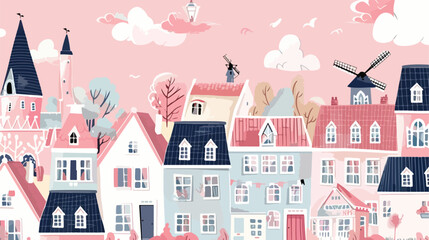 Seamless pink pattern with cute traditional dutch house - obrazy, fototapety, plakaty
