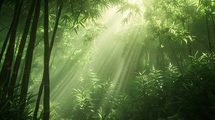 A peaceful bamboo grove with sunlight filtering through the dense canopy