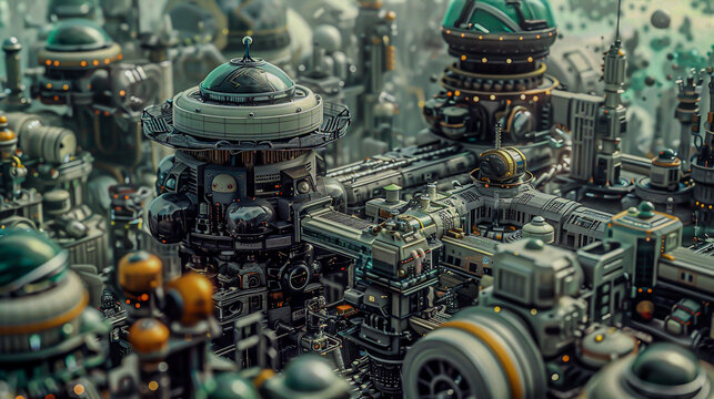 Imagine a striking visual representation of a dream interpretation facility seen from a birdseye view, where intricate machinery and advanced technology merge with the surreal landscape of dreamscapes