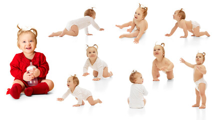 Little baby girl, child in motion, sitting, walking, playing isolated on white background. Collage. Curious playful kid. Concept of childhood, health care, baby emotions, growth
