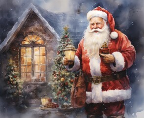 Happy New Year watercolor postcard with Santa Claus decorated Christmas tree with fireplace, lights and festive atmosphere hand drawn illustration.