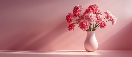 Vase of Pink Carnations on Pink Background - obrazy, fototapety, plakaty