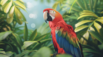 Vivid red macaw parrot perched in lush green tropical foliage, looking aside.