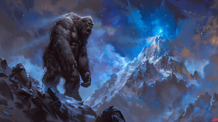 Mythical bigfoot standing on a mountain top art