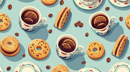 Seamless vector pattern with tea cups and cookies vector