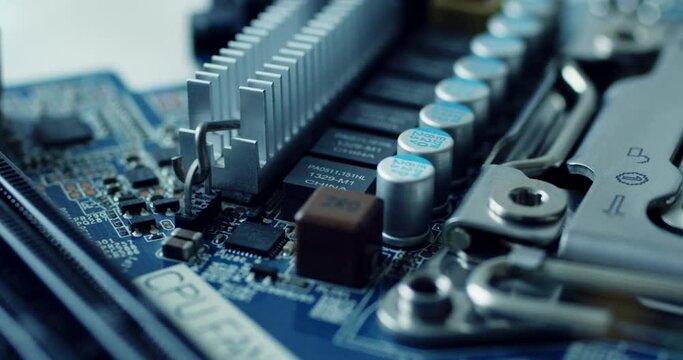 Hightech closeups of computer motherboards and processors, showcasing intricate electronic components and the word CPU