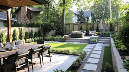 A renovated backyard with a new patio, landscaping, and outdoor furniture