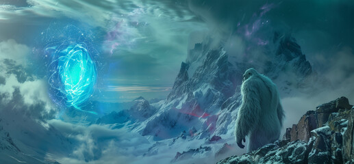 Mythical yeti standing on a mountain top looking into a wormhole portal art