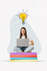 vertical collage of a girl sitting on a books with a laptop and a light bulb above her head