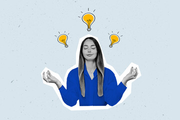 creative collage idea girl meditating with light bulbs above her head isolated over blue background