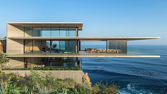 A modern house perched on the edge of a cliff, with floor-to-ceiling windows offering uninterrupted views of the ocean stretching out to the horizon.