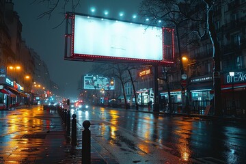 The blank classic billboard in a city at day and night with wet streets from the rain with a reflection scene.