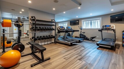 A renovated home gym with state-of-the-art exercise equipment and motivational decor - obrazy, fototapety, plakaty