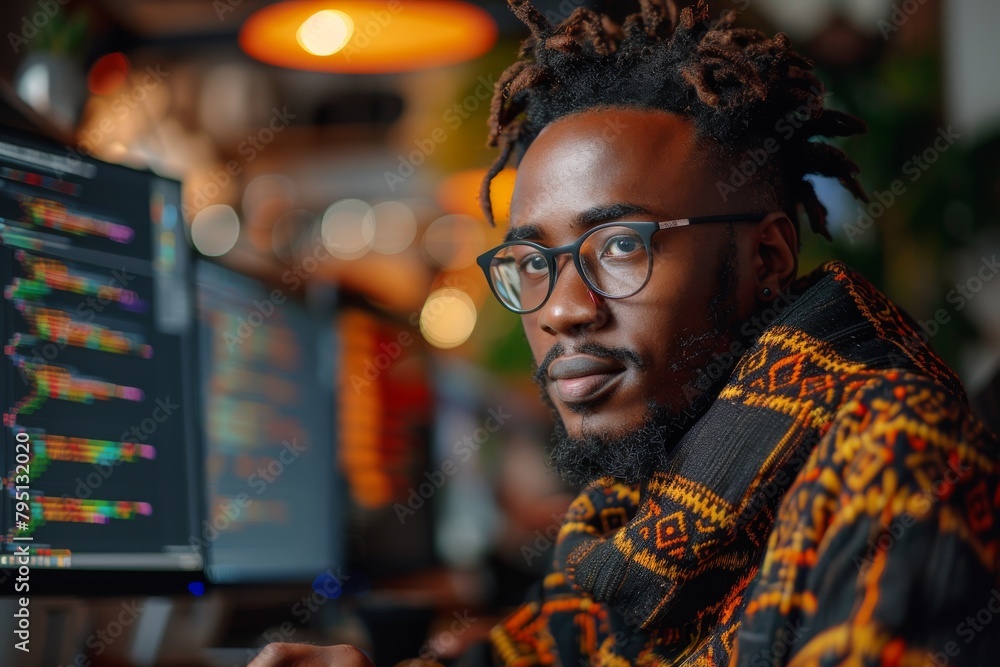 Poster focused man coding on multiple monitors in a vibrant tech environment