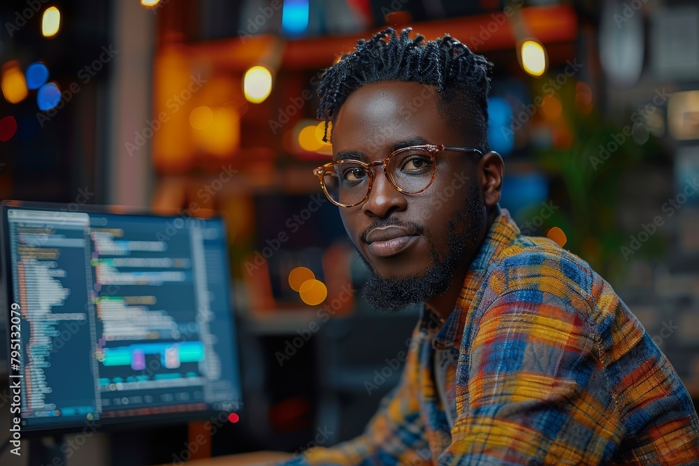 Poster tech worker with intense focus at a workstation with colorful ambient lighting