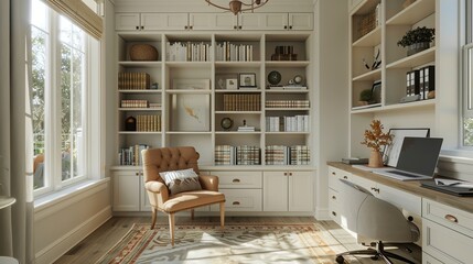 A renovated home office with custom built-in shelving and a cozy reading nook