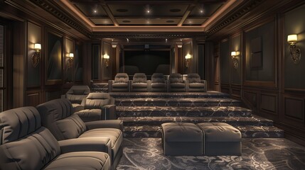 A renovated home theater with plush seating and a state-of-the-art sound system - obrazy, fototapety, plakaty