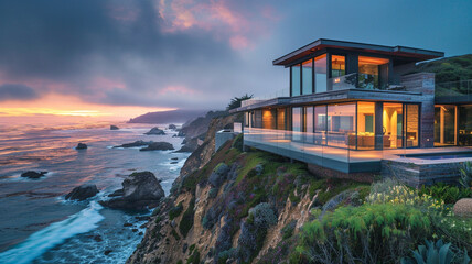 A modern house perched on the edge of a cliff, with floor-to-ceiling windows offering uninterrupted views of the ocean stretching out to the horizon. - obrazy, fototapety, plakaty
