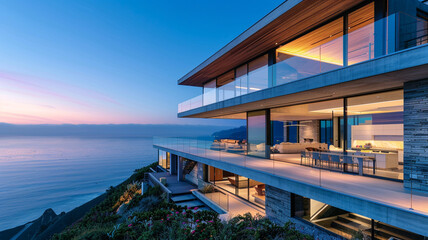 A modern house perched on the edge of a cliff, with floor-to-ceiling windows offering uninterrupted...
