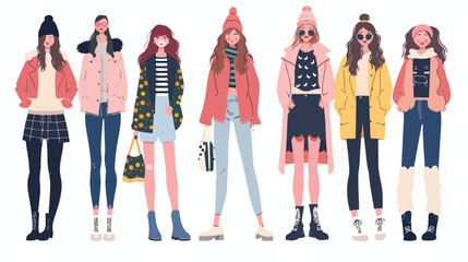 Set of adorable young women dressed in modern stylish