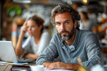 Fototapeta premium A scene depicting a concentrated man using a laptop in a lively café, illustrating modern work flexibility