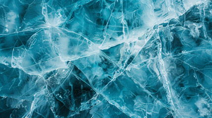 Transparent cracked blue ice on Baikal lake in winter.