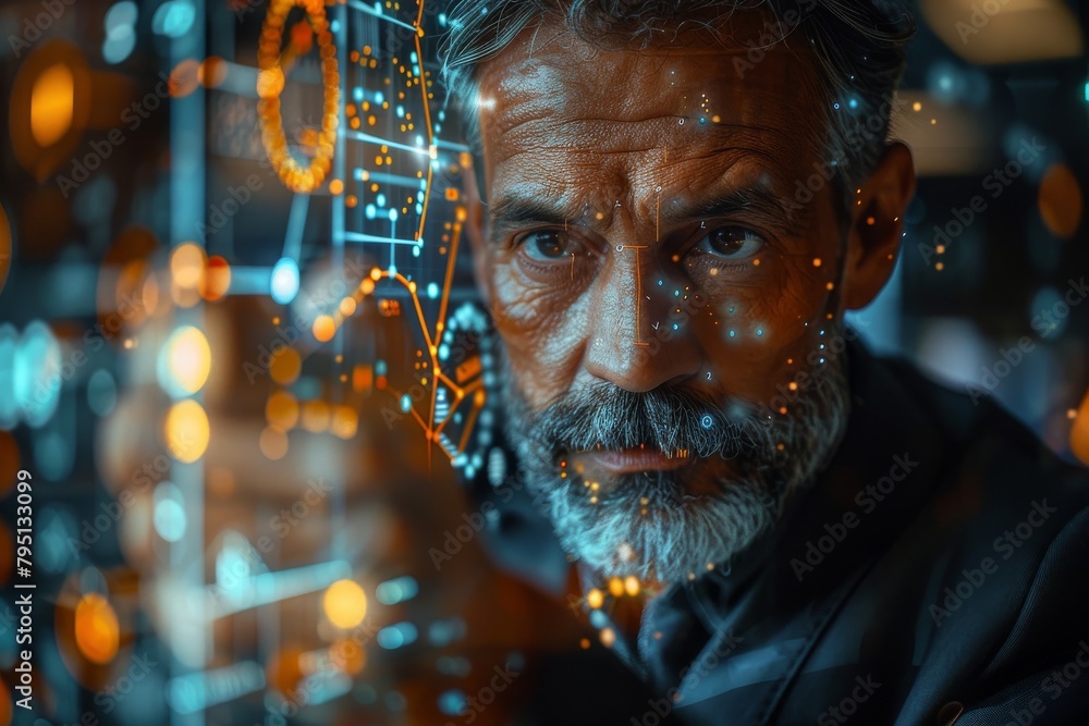 Poster an individual interacts with a high-tech digital interface glowing with futuristic blue lights and c