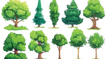 Fototapeta premium Set of cartoon green trees and shrubs for design. 