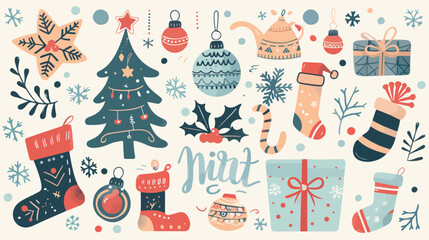 Fototapeta na wymiar Set of Christmas elements with text. Cute illustration
