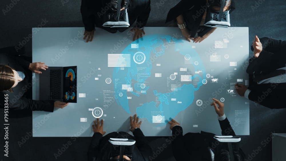 Aufkleber professional business people wearing vr glass while working by using metadata in virtual world with 