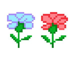 Pixel art flowers blue and red .Icons, logos Game development, mobile app development. Isolated vector illustration.