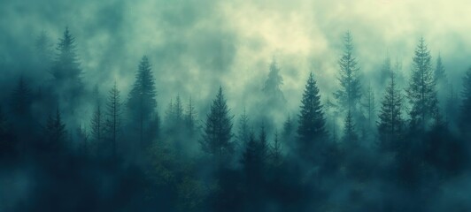 gorgeous aerial view of conifer forest with fog drifting around at morning time with sunrise light, Generative Ai	

