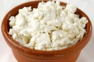 Fresh crumbled feta cheese in a traditional terracotta bowl