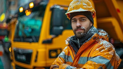 Obraz premium A man in a hard hat and reflective vest stands in front of a snow plow.