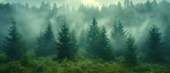  gorgeous aerial view of conifer forest with fog drifting around at morning time with sunrise light, Generative Ai - obrazy, fototapety, plakaty