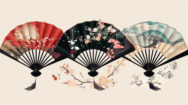 Set of five Japanese fans with different images 