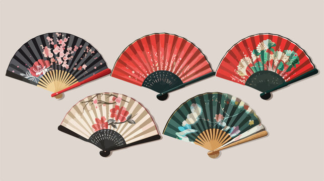 Set of five Japanese fans with different images 