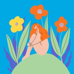 illustration of a stunning young woman surrounded by vibrant flowers, emanating an aura of solitude and contemplation