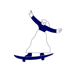Modern illustration og skateboarding girl, line art, monochrome
