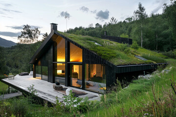 Fototapeta na wymiar A modern house with a green roof, blending harmoniously with its natural surroundings.